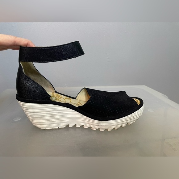FLY London Perforated Leather Wedge Sandals Yake Black Nubuck 38 US 7.5 - Picture 9 of 14